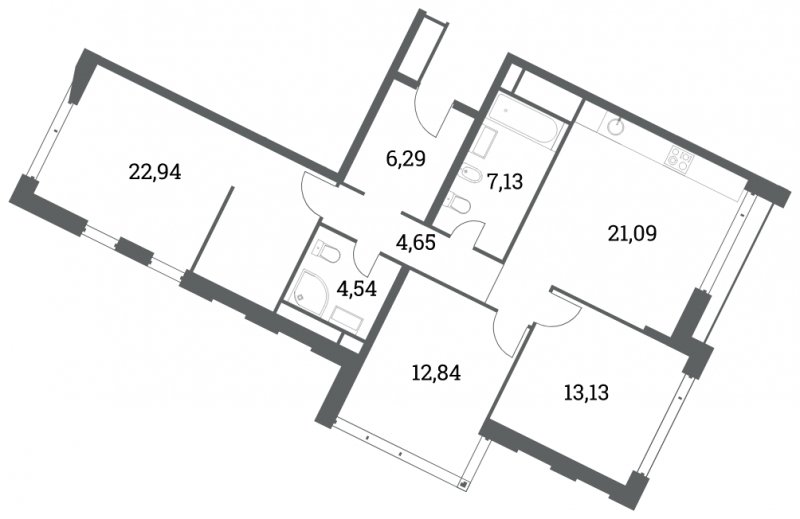 3-комнатная квартира без отделки, 92.61 м2, 3 этаж, дом сдан, ЖК Headliner, корпус 7 - объявление 2419110 - фото №1