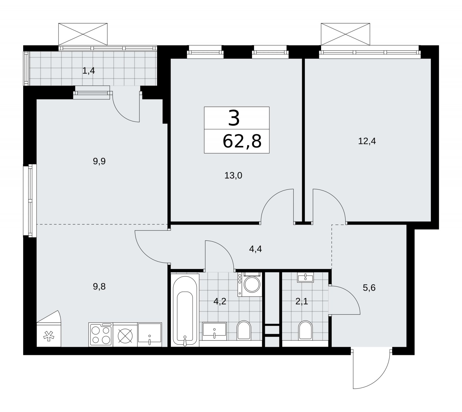 3-комнатная квартира (евро) без отделки, 62.8 м2, 13 этаж, сдача 1 квартал 2026 г., ЖК Прокшино, корпус 11.2.1 - объявление 2269828 - фото №1