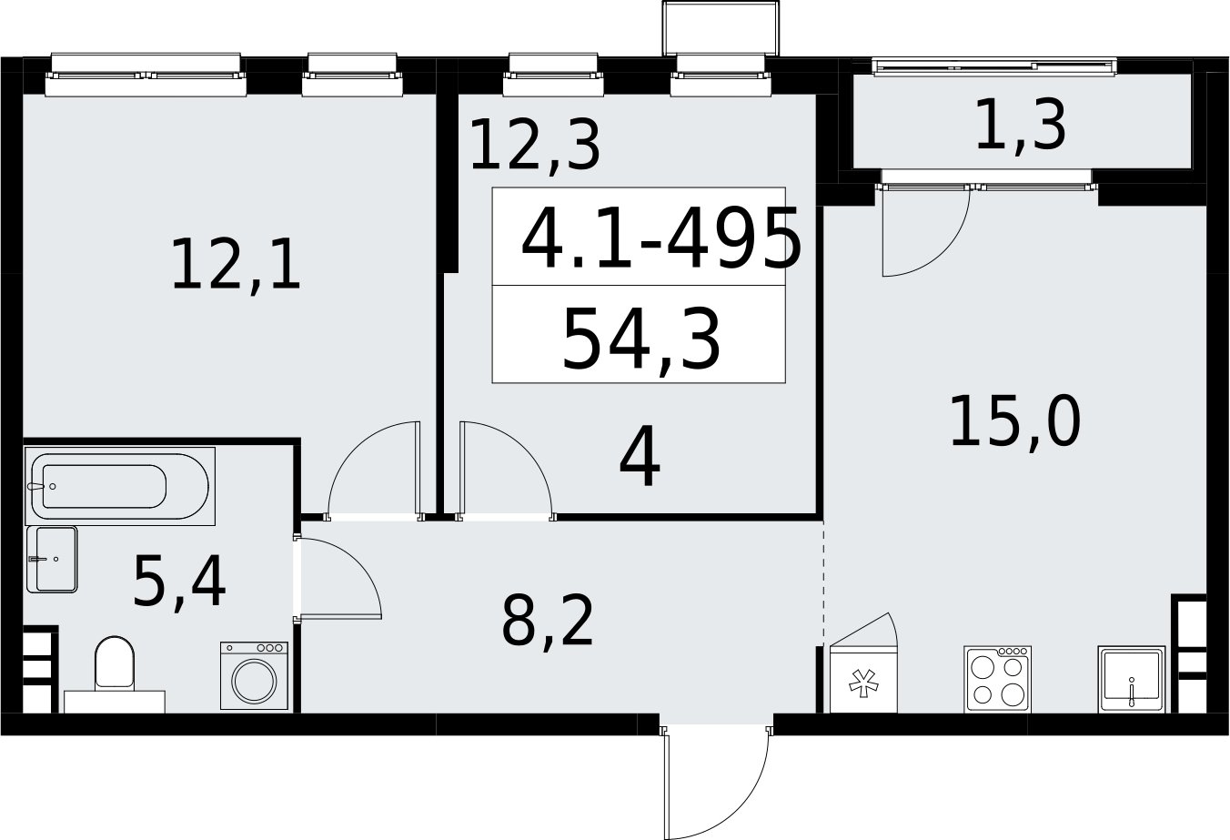 2-комнатная квартира с полной отделкой, 54.3 м2, 15 этаж, сдача 2 квартал 2027 г., ЖК Южные сады, корпус 4.1.2 - объявление 2393000 - фото №1