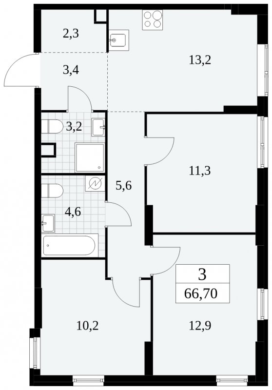 3-комнатная квартира с полной отделкой, 66.7 м2, 2 этаж, сдача 2 квартал 2025 г., ЖК Южные сады, корпус 2.2 - объявление 1757461 - фото №1