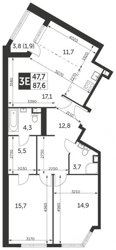 3-комнатная квартира с частичной отделкой, 87.6 м2, 17 этаж, сдача 4 квартал 2023 г., ЖК Архитектор, корпус 1 - объявление 1710121 - фото №1
