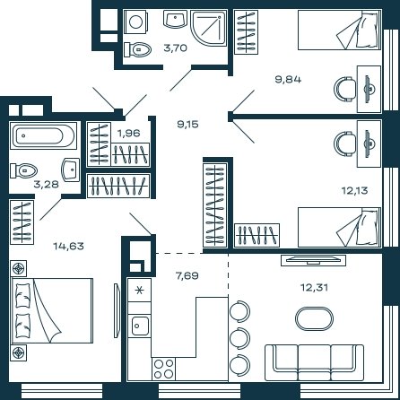3-комнатная квартира без отделки, 74.69 м2, 17 этаж, сдача 3 квартал 2025 г., ЖК М_5, корпус 2 - объявление 2022020 - фото №1