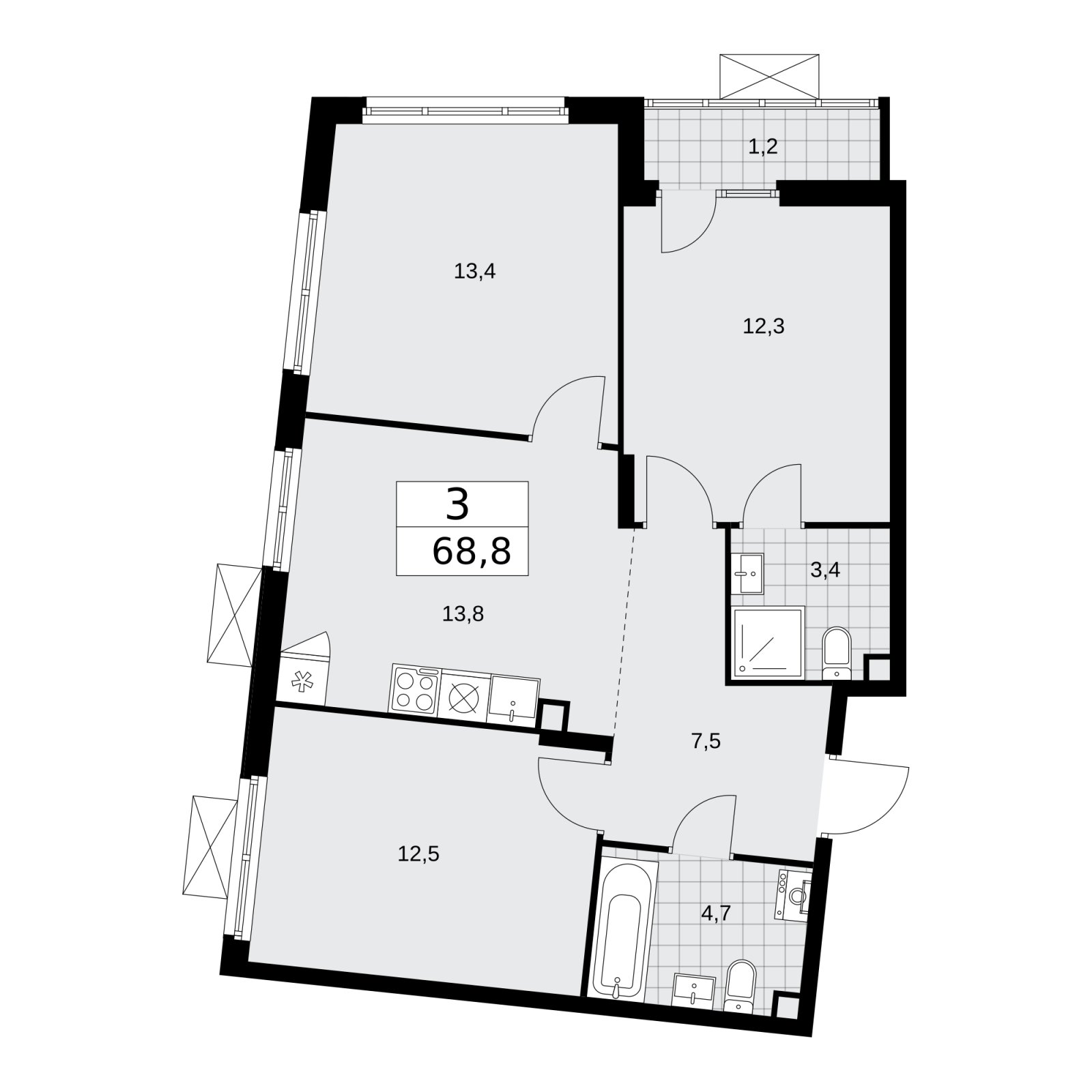 3-комнатная квартира без отделки, 68.8 м2, 2 этаж, сдача 1 квартал 2026 г., ЖК Деснаречье, корпус 4.1 - объявление 2263338 - фото №1