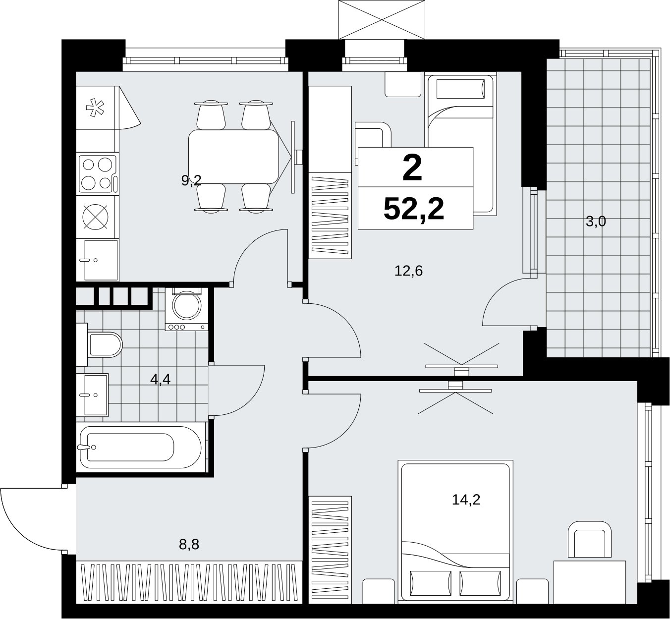 2-комнатная квартира без отделки, 52.2 м2, 5 этаж, сдача 4 квартал 2026 г., ЖК Скандинавия, корпус 2.18.2.6 - объявление 2351732 - фото №1