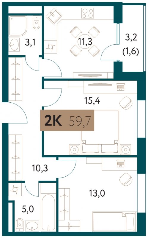 2-комнатная квартира 59.7 м2, 12 этаж, сдача 4 квартал 2022 г., ЖК Настоящее, корпус 1 - объявление 1535779 - фото №1
