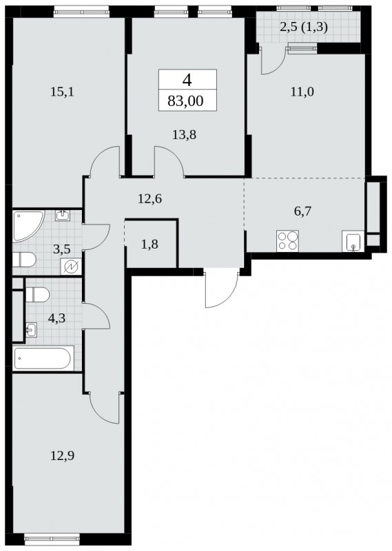 4-комнатная квартира (евро) с полной отделкой, 83 м2, 9 этаж, сдача 2 квартал 2025 г., ЖК Южные сады, корпус 2.1 - объявление 1759898 - фото №1