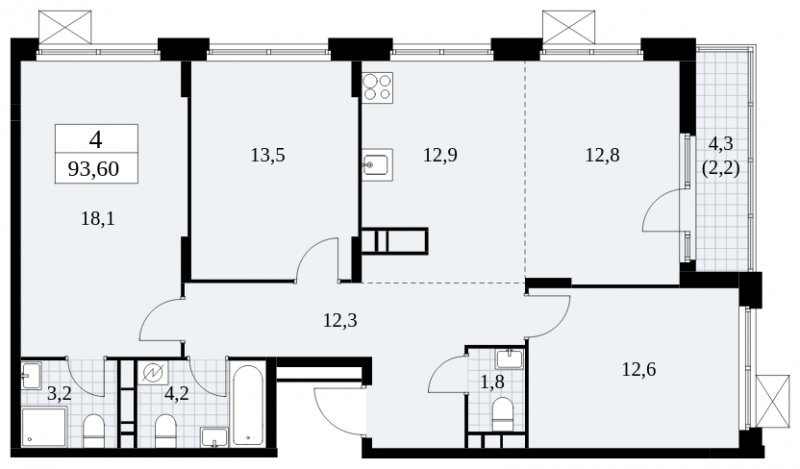 4-комнатная квартира (евро) без отделки, 93.6 м2, 10 этаж, сдача 4 квартал 2024 г., ЖК Скандинавия, корпус 2.27.5 - объявление 1840816 - фото №1