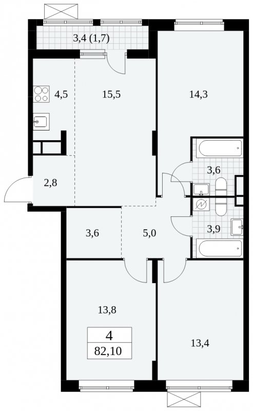 4-комнатная квартира (евро) с частичной отделкой, 82.1 м2, 3 этаж, сдача 2 квартал 2025 г., ЖК Прокшино, корпус 5.1.2 - объявление 1860208 - фото №1