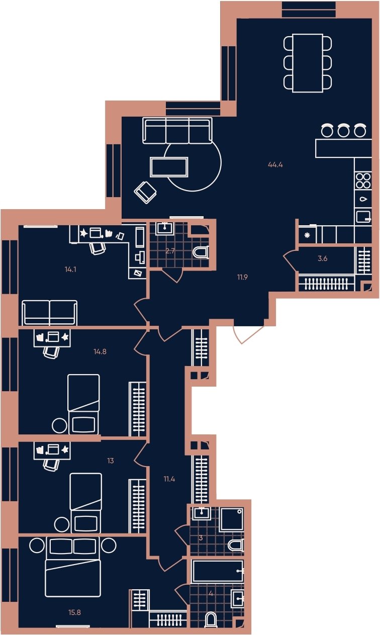 5-комнатная квартира (евро) без отделки, 138.7 м2, 27 этаж, сдача 3 квартал 2026 г., ЖК ERA, корпус 1 - объявление 2287391 - фото №1