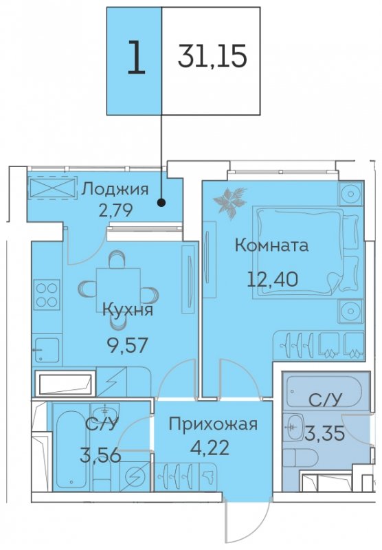 1-комнатная квартира с частичной отделкой, 31.15 м2, 22 этаж, сдача 3 квартал 2023 г., ЖК Аквилон BESIDE, корпус 1 - объявление 1678556 - фото №1