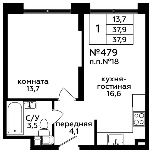 1-комнатные апартаменты без отделки, 37.9 м2, 17 этаж, сдача 4 квартал 2022 г., ЖК Сити-комплекс Мята, корпус М - объявление 1469768 - фото №1