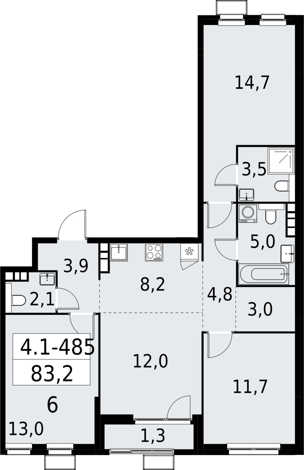 4-комнатная квартира (евро) с полной отделкой, 83.2 м2, 13 этаж, сдача 2 квартал 2027 г., ЖК Южные сады, корпус 4.1.2 - объявление 2392990 - фото №1