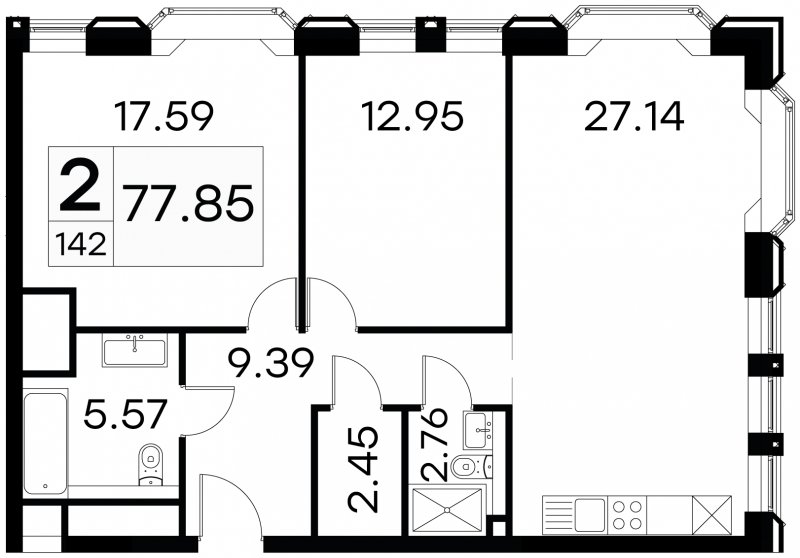 2-комнатные апартаменты с частичной отделкой, 77.85 м2, 13 этаж, сдача 3 квартал 2024 г., ЖК GloraX Aura Белорусская, корпус 1 - объявление 1708634 - фото №1