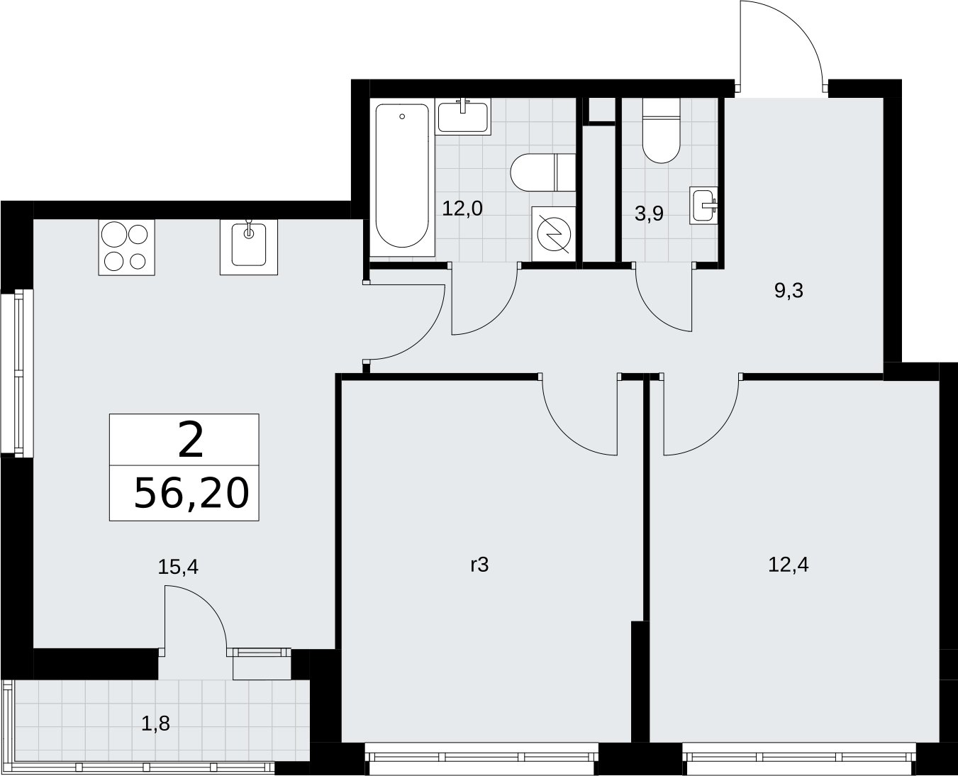 2-комнатная квартира с полной отделкой, 56.2 м2, 5 этаж, сдача 4 квартал 2026 г., ЖК Родные кварталы, корпус 1.2 - объявление 2317729 - фото №1