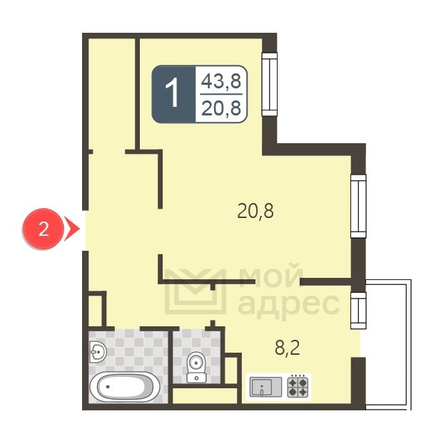 1-комнатная квартира с полной отделкой, 43.8 м2, 2 этаж, дом сдан, ЖК мой адрес В Зеленограде, корпус 2044 - объявление 1745195 - фото №1