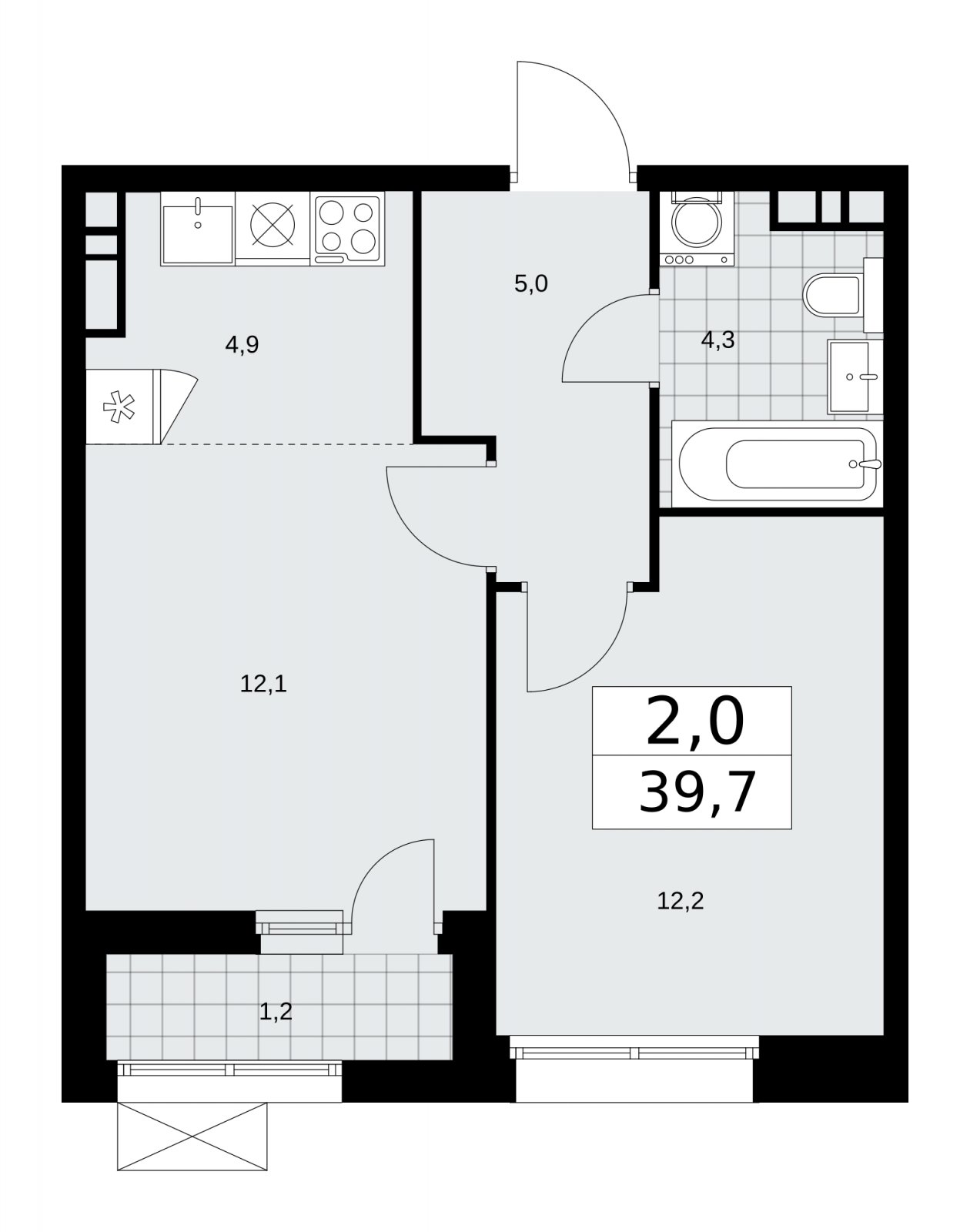 2-комнатная квартира (евро) с частичной отделкой, 39.7 м2, 6 этаж, сдача 1 квартал 2026 г., ЖК Бунинские кварталы, корпус 6.3 - объявление 2252630 - фото №1