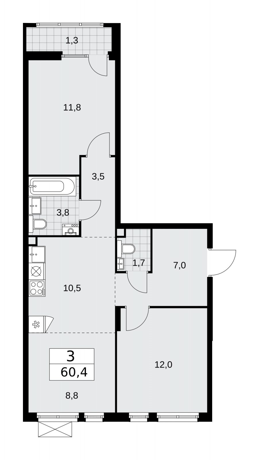 3-комнатная квартира (евро) без отделки, 60.4 м2, 2 этаж, сдача 1 квартал 2026 г., ЖК Деснаречье, корпус 4.2 - объявление 2263683 - фото №1