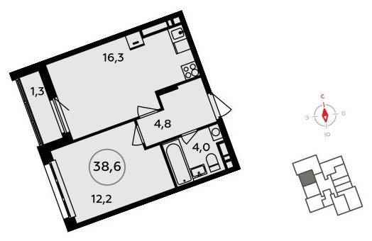 1-комнатная квартира без отделки, 38.6 м2, 14 этаж, сдача 1 квартал 2023 г., ЖК Испанские кварталы, корпус 7.3 - объявление 1410504 - фото №1
