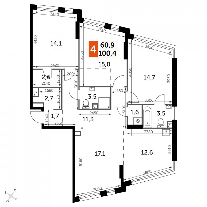 4-комнатная квартира с частичной отделкой, 100.4 м2, 2 этаж, сдача 4 квартал 2024 г., ЖК ROTTERDAM, корпус 2.1 - объявление 1954429 - фото №1