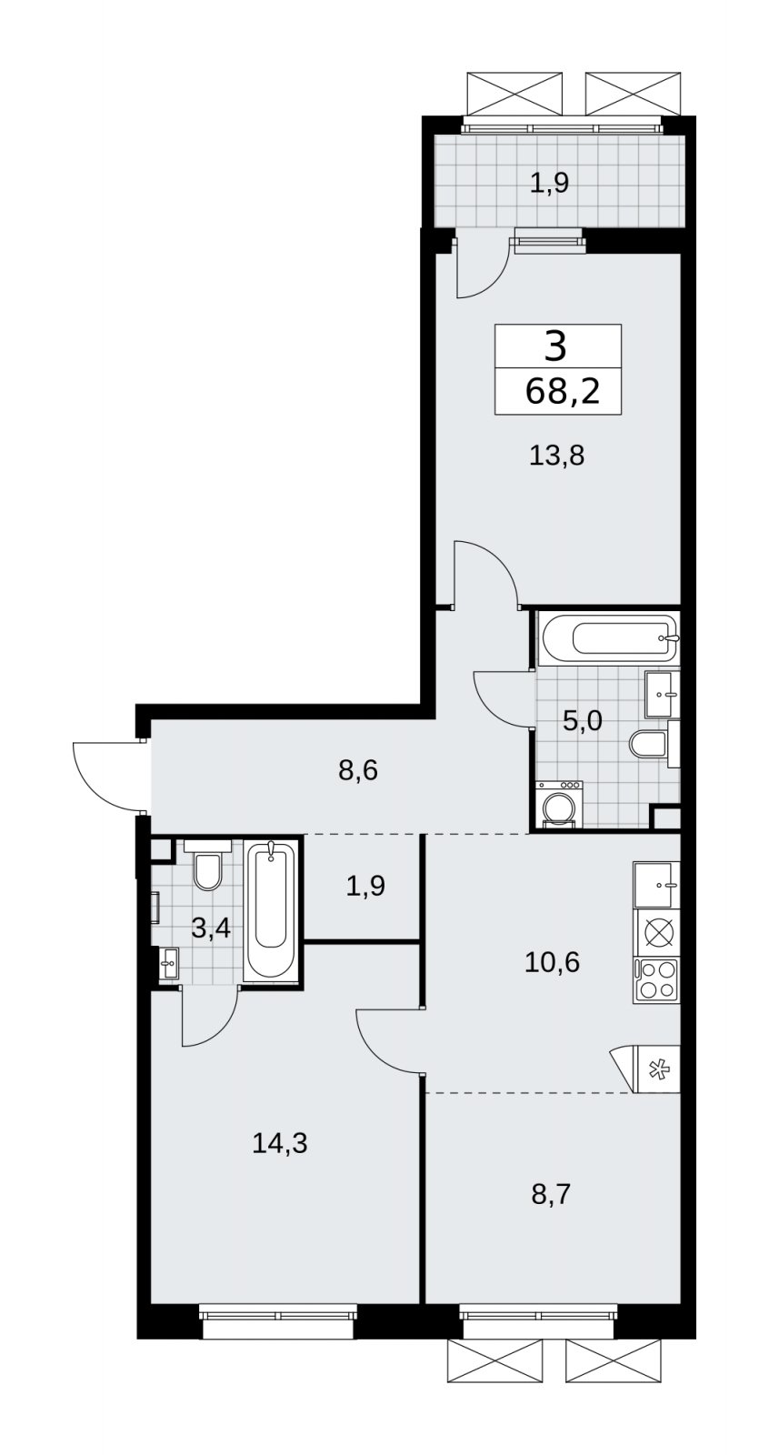 3-комнатная квартира (евро) с частичной отделкой, 68.2 м2, 2 этаж, сдача 2 квартал 2026 г., ЖК Дзен-кварталы, корпус 4.1 - объявление 2251403 - фото №1