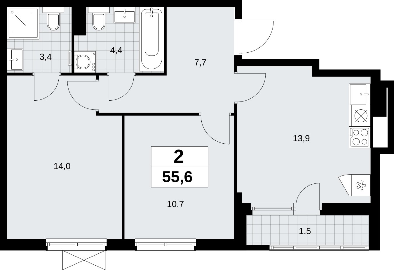 2-комнатная квартира с полной отделкой, 55.6 м2, 4 этаж, сдача 3 квартал 2026 г., ЖК Дзен-кварталы, корпус 6.1.3 - объявление 2327983 - фото №1