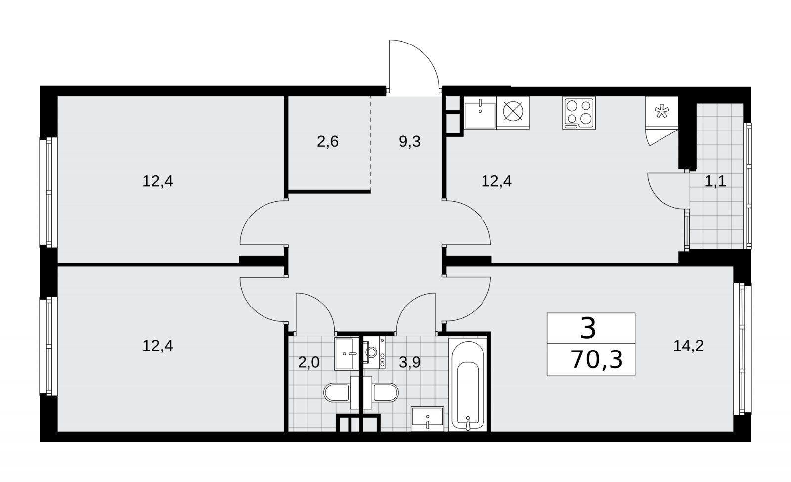 3-комнатная квартира с частичной отделкой, 70.3 м2, 4 этаж, сдача 2 квартал 2026 г., ЖК Деснаречье, корпус 4.4 - объявление 2264106 - фото №1