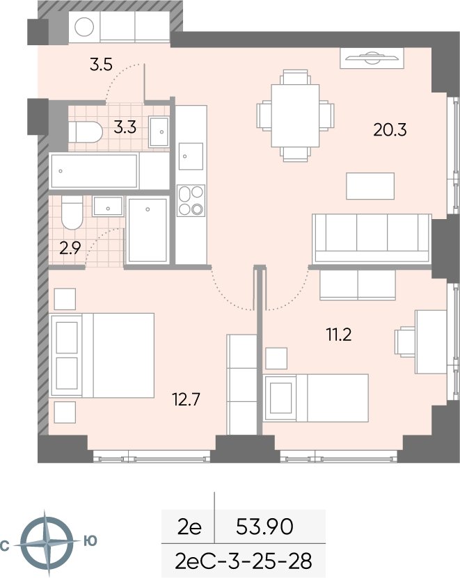 2-комнатная квартира 53.9 м2, 25 этаж, сдача 2 квартал 2026 г., ЖК WAVE, корпус 1 - объявление 2219536 - фото №1