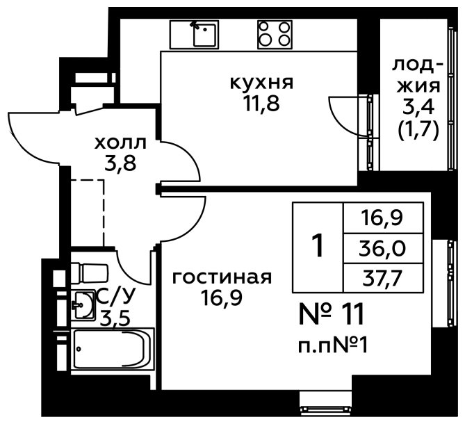 1-комнатная квартира с частичной отделкой, 37.7 м2, 4 этаж, сдача 2 квартал 2022 г., ЖК Новоград Павлино, корпус 20 - объявление 1258943 - фото №1