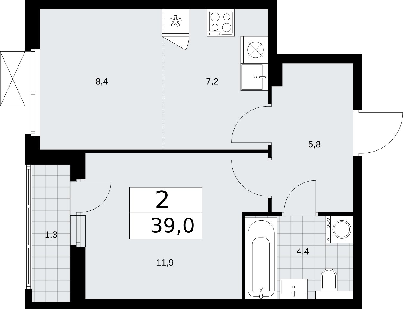 2-комнатная квартира (евро) с полной отделкой, 39 м2, 2 этаж, сдача 2 квартал 2026 г., ЖК Бунинские кварталы, корпус 7.1 - объявление 2319418 - фото №1