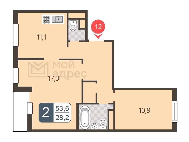 2-комнатная квартира с полной отделкой, 53.6 м2, 4 этаж, дом сдан, ЖК мой адрес В Зеленограде, корпус 2044 - объявление 1745466 - фото №1