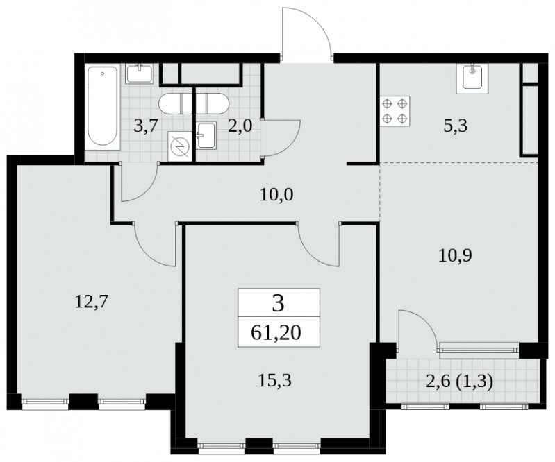 3-комнатная квартира (евро) без отделки, 61.2 м2, 26 этаж, сдача 2 квартал 2025 г., ЖК Южные сады, корпус 2.4 - объявление 1760520 - фото №1
