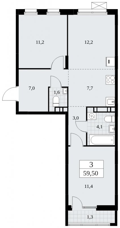 3-комнатная квартира (евро) без отделки, 59.5 м2, 6 этаж, сдача 2 квартал 2025 г., ЖК Дзен-кварталы, корпус 2.4 - объявление 1932726 - фото №1