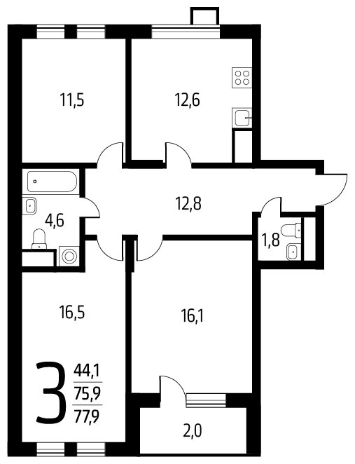 3-комнатная квартира с полной отделкой, 77.9 м2, 4 этаж, дом сдан, ЖК Новые Ватутинки. Центральный, корпус 9/2/2.1 - объявление 1674794 - фото №1