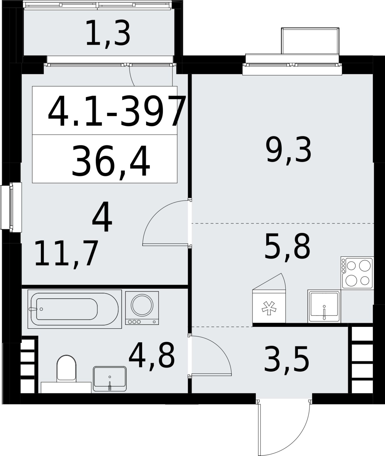 2-комнатная квартира (евро) с полной отделкой, 36.4 м2, 27 этаж, сдача 2 квартал 2027 г., ЖК Южные сады, корпус 4.1.2 - объявление 2392903 - фото №1