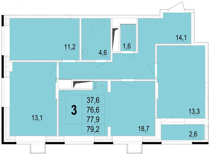3-комнатная квартира без отделки, 77.9 м2, 16 этаж, сдача 1 квартал 2024 г., ЖК Отрадный, корпус 4 - объявление 1575950 - фото №1