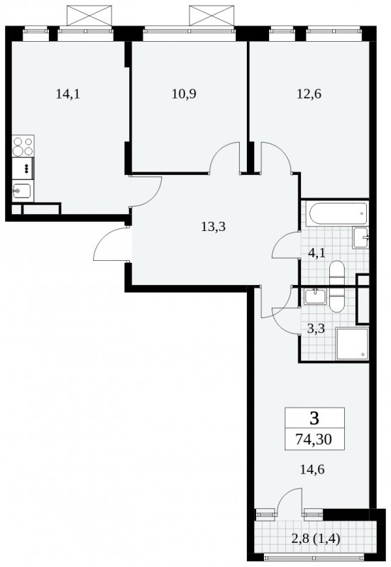 3-комнатная квартира без отделки, 74.3 м2, 8 этаж, сдача 3 квартал 2024 г., ЖК Прокшино, корпус 8.5 - объявление 1684433 - фото №1