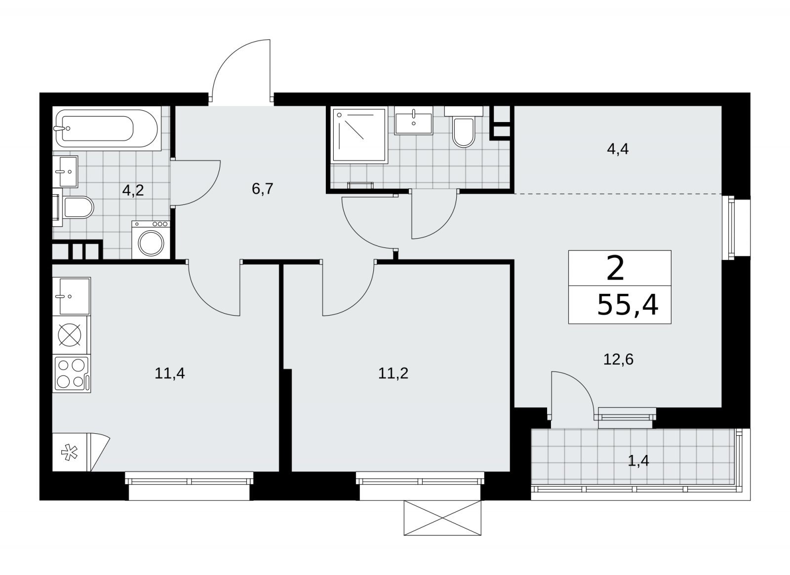 2-комнатная квартира без отделки, 55.4 м2, 3 этаж, сдача 2 квартал 2026 г., ЖК Скандинавия, корпус 25.5 - объявление 2283768 - фото №1