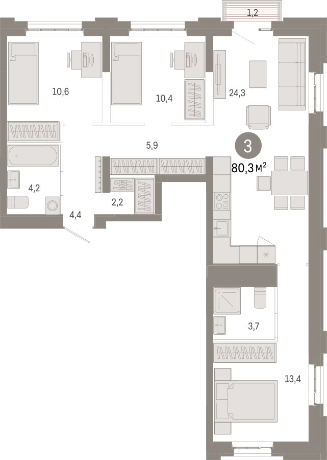 3-комнатная квартира с частичной отделкой, 80.3 м2, 6 этаж, сдача 3 квартал 2026 г., ЖК Квартал Метроном, корпус 1 - объявление 2300707 - фото №1