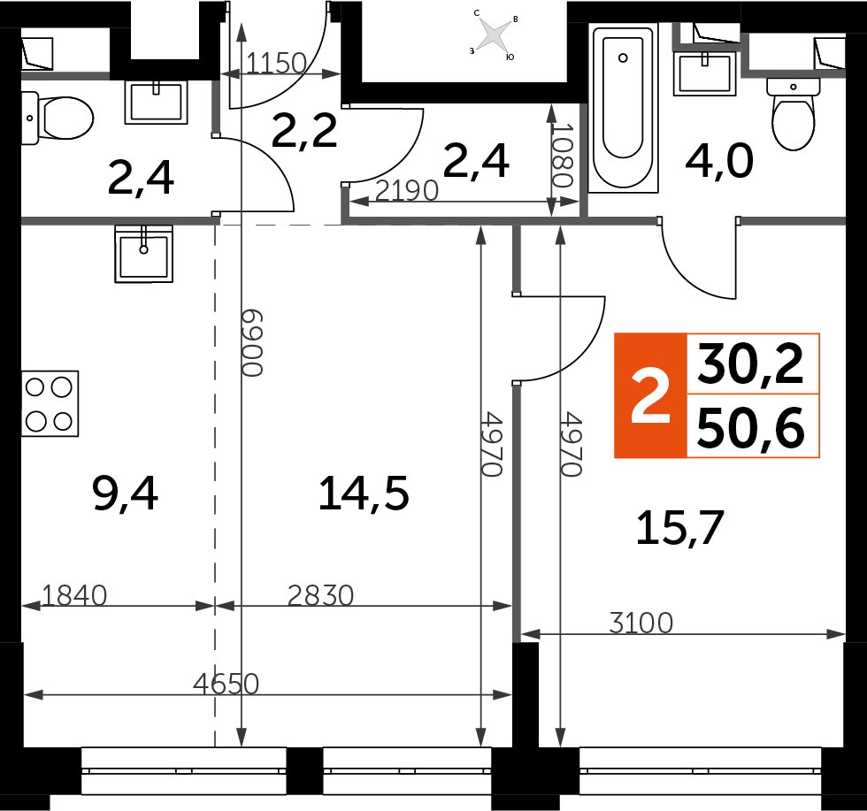 2-комнатная квартира с полной отделкой, 50.6 м2, 21 этаж, дом сдан, ЖК Sydney City, корпус 1 - объявление 2407078 - фото №1