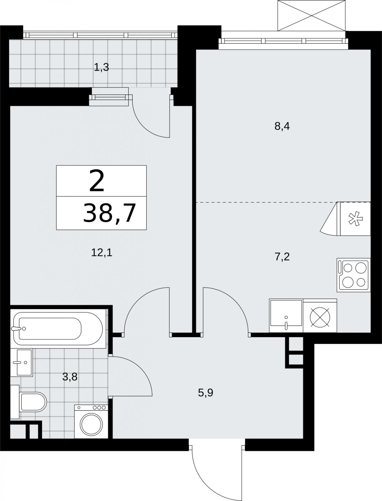 2-комнатная квартира (евро) с частичной отделкой, 38.7 м2, 3 этаж, сдача 2 квартал 2026 г., ЖК Бунинские кварталы, корпус 5.1 - объявление 2297194 - фото №1