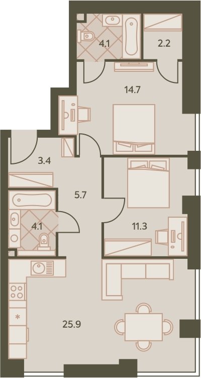 3-комнатная квартира без отделки, 72.7 м2, 31 этаж, дом сдан, ЖК Eniteo, корпус 1 - объявление 2326696 - фото №1