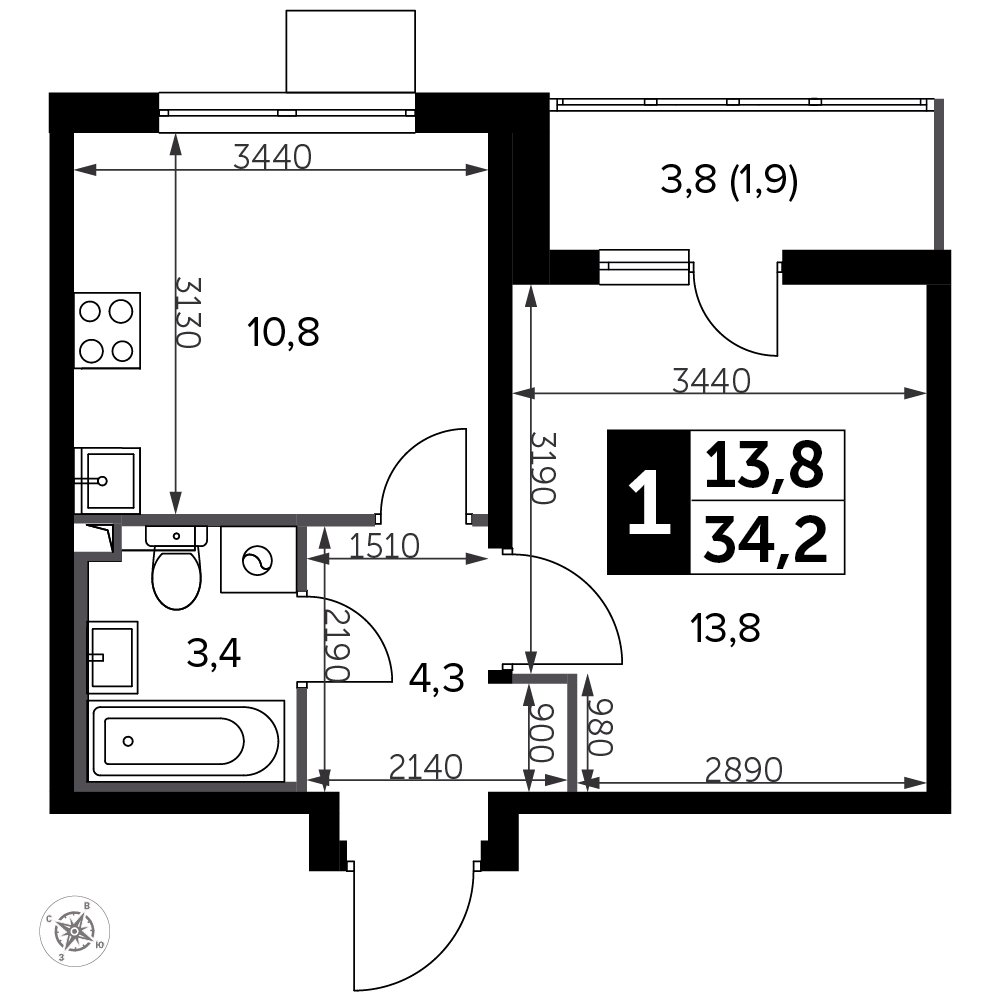 1-комнатная квартира без отделки, 34.7 м2, 14 этаж, дом сдан, ЖК Южная Битца, корпус 12 - объявление 2401700 - фото №1