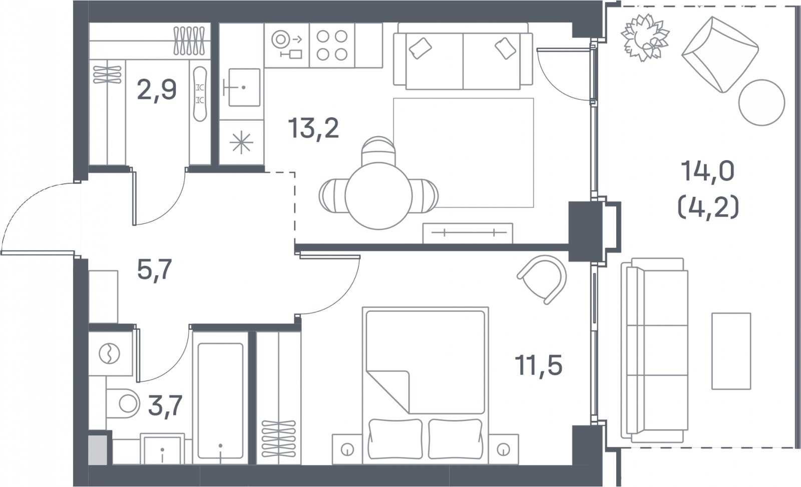 1-комнатная квартира 41.2 м2, 2 этаж, сдача 4 квартал 2025 г., ЖК Portland, корпус 1 - объявление 2303563 - фото №1