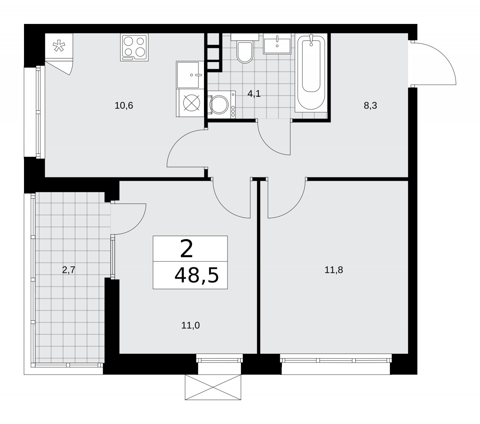 2-комнатная квартира без отделки, 48.5 м2, 9 этаж, сдача 1 квартал 2026 г., ЖК Деснаречье, корпус 4.3 - объявление 2263909 - фото №1