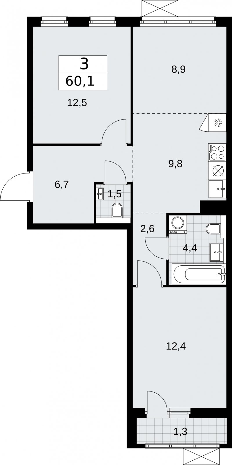 3-комнатная квартира (евро) без отделки, 60.1 м2, 3 этаж, сдача 2 квартал 2026 г., ЖК Бунинские кварталы, корпус 7.3 - объявление 2313939 - фото №1