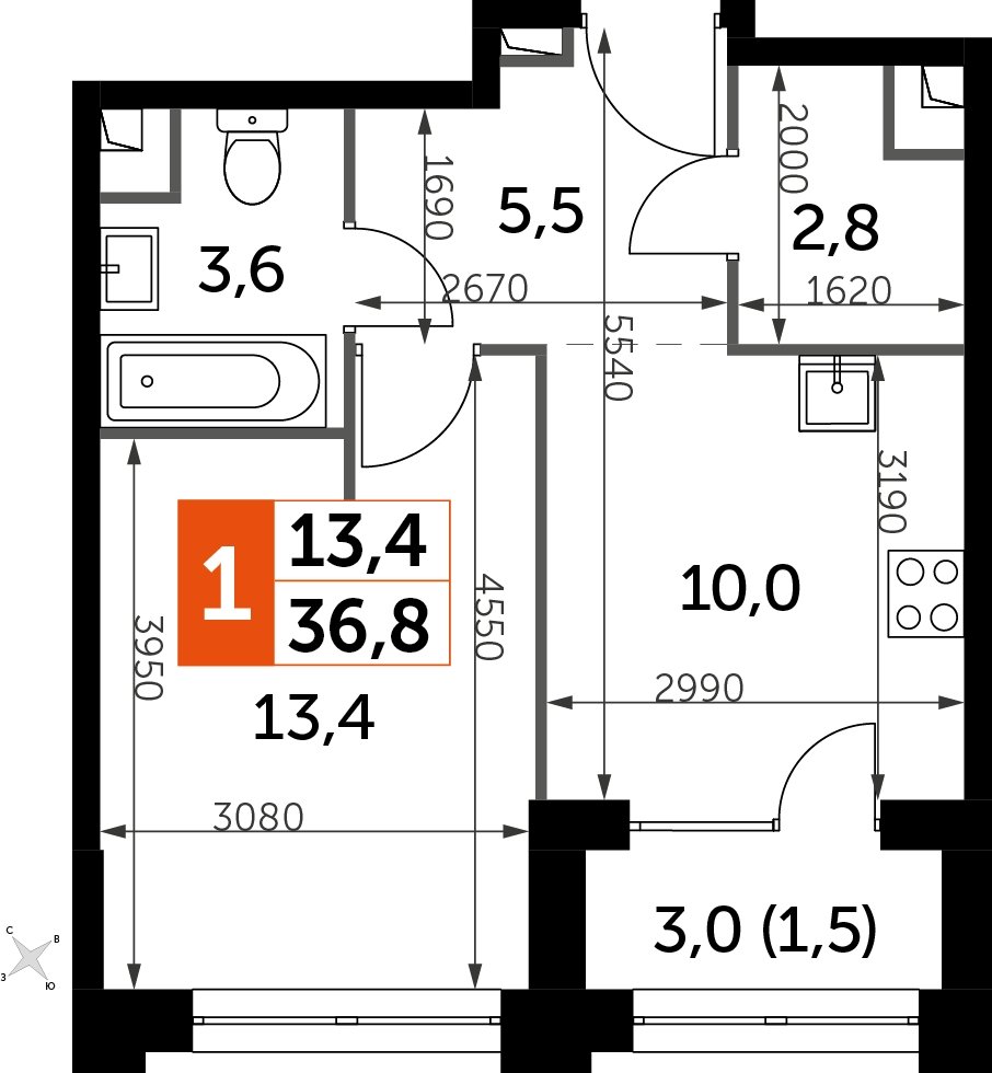 1-комнатная квартира с частичной отделкой, 36.8 м2, 19 этаж, дом сдан, ЖК Sydney City, корпус 1 - объявление 2238357 - фото №1