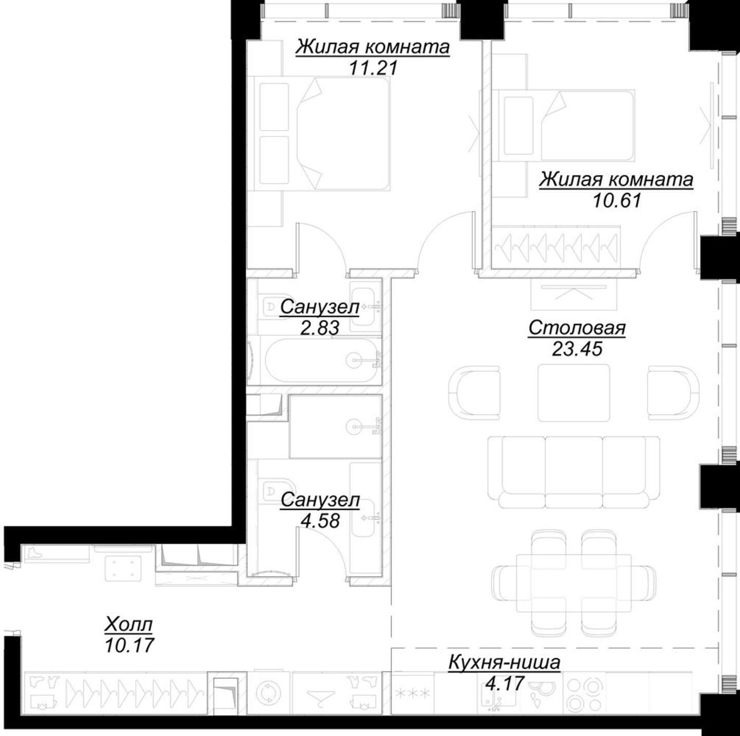 2-комнатная квартира без отделки, 66.82 м2, 36 этаж, сдача 4 квартал 2024 г., ЖК MOD, корпус Mann - объявление 2332076 - фото №1