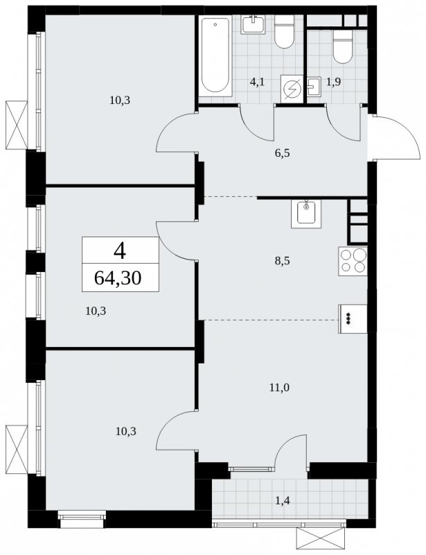 4-комнатная квартира (евро) без отделки, 64.3 м2, 5 этаж, сдача 2 квартал 2025 г., ЖК Дзен-кварталы, корпус 2.4 - объявление 1932755 - фото №1