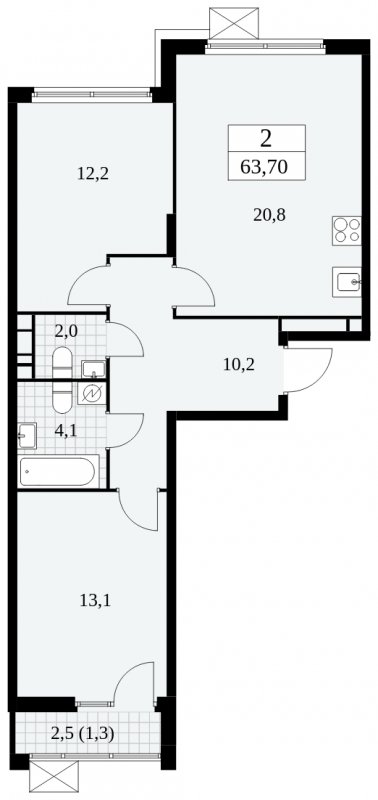 2-комнатная квартира без отделки, 63.7 м2, 11 этаж, сдача 4 квартал 2024 г., ЖК Скандинавия, корпус 2.27.3 - объявление 1840502 - фото №1