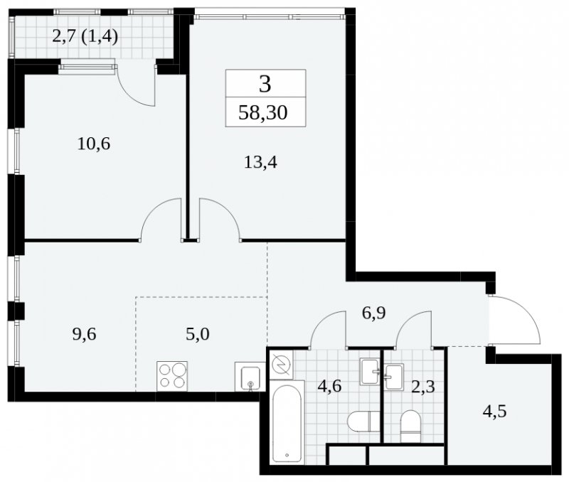 3-комнатная квартира (евро) с частичной отделкой, 58.3 м2, 28 этаж, сдача 2 квартал 2025 г., ЖК Южные сады, корпус 2.2 - объявление 1757667 - фото №1
